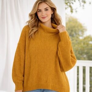 Aerie Oversized Chunky Rib Knit Mock Neck Sweater Women XL Mustard Drop Shoulder